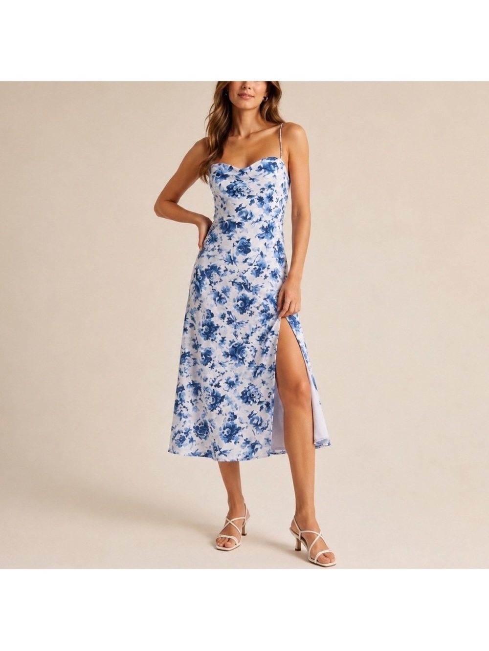 Abercrombie and Fitch Blue Floral Slip Midi Dress with Side Slit